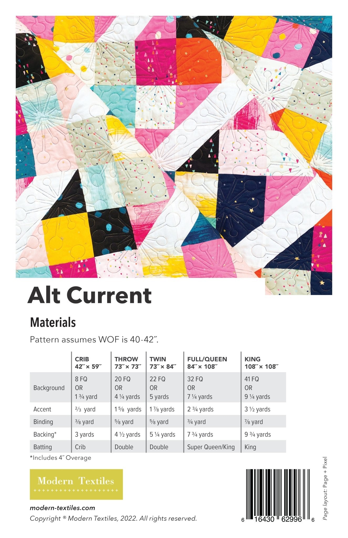Alt Current quilt pattern back cover showing materials list and size chart.