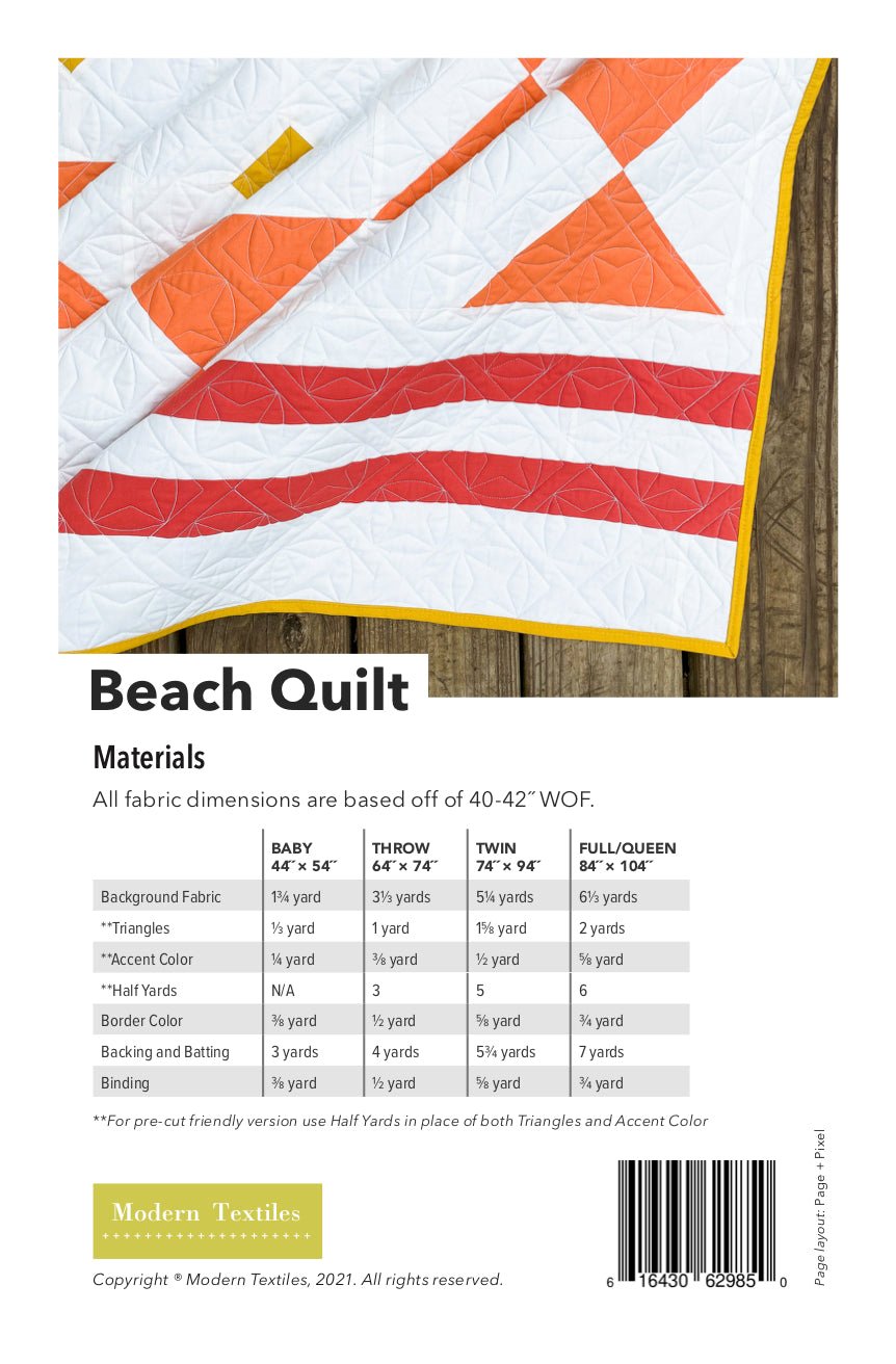 Beach Quilt Pattern cover image showing finished quilt design and size information.