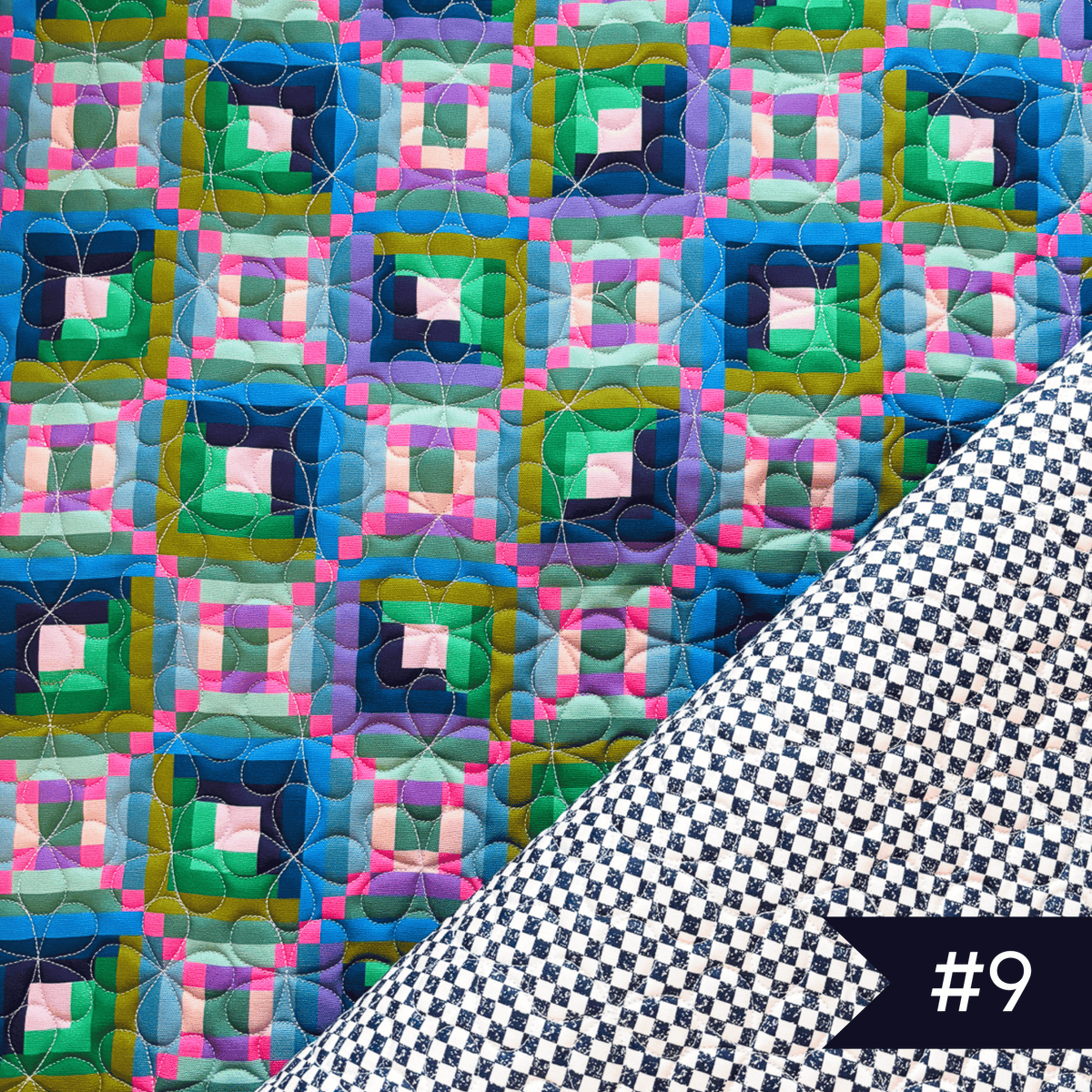 Quilted fabric using Canva and Co fabric with Checkmate fabric in nave and white. #9 noted in lower right corner.