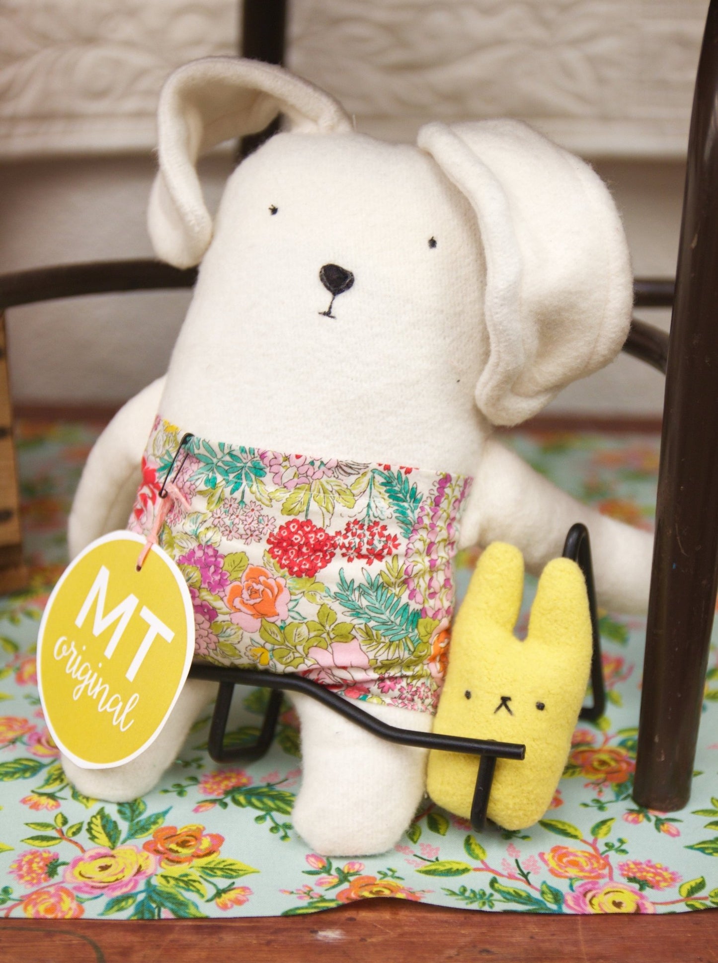 Handmade Simple Softie stuffed Bunny sitting on shelf with small plush mini bunny.