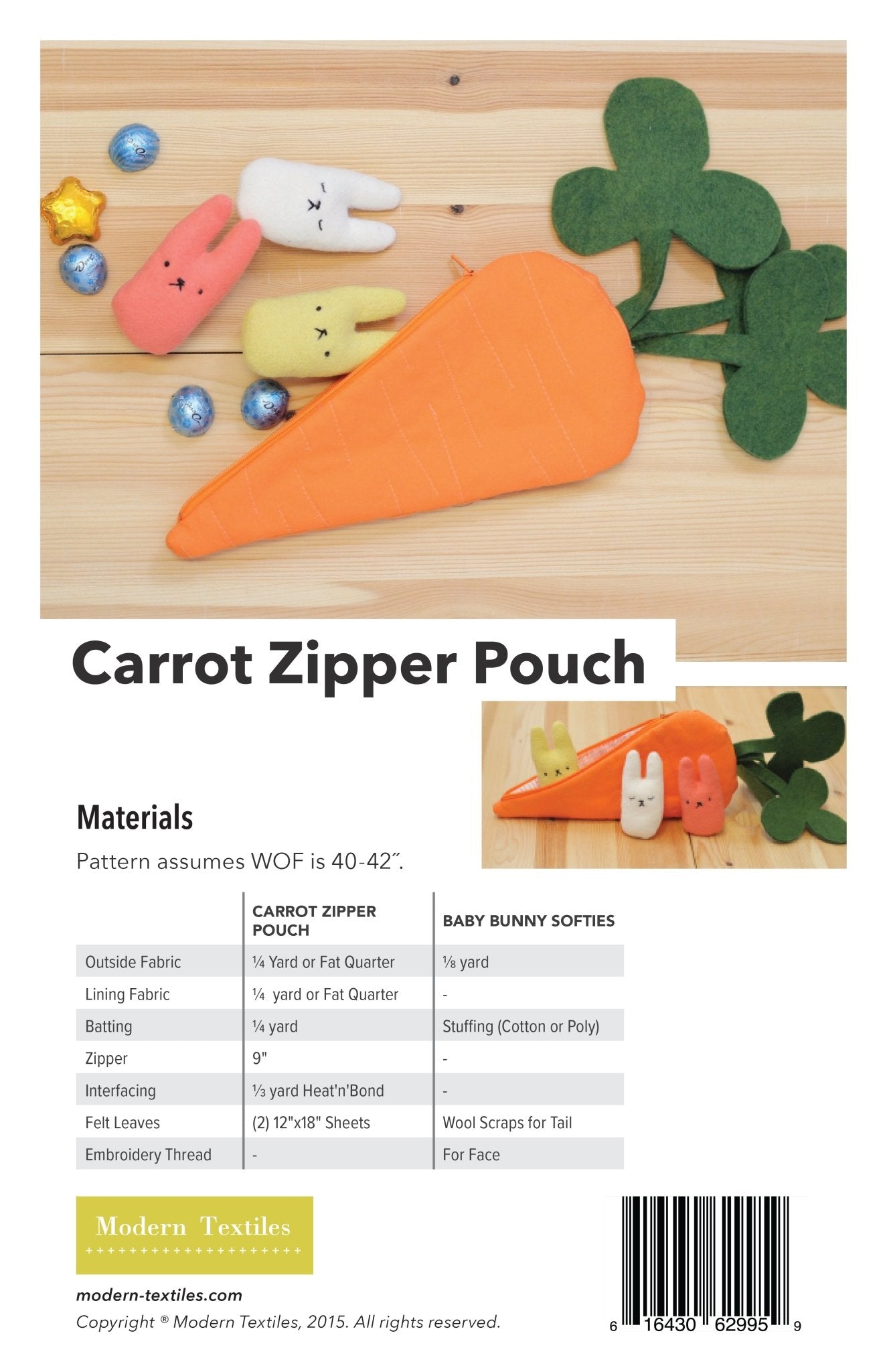 Carrot zipper pouch sewing pattern materials and instructions layout.