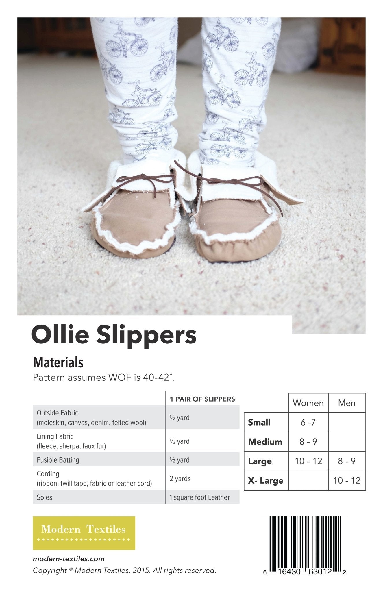 Back cover of the sewing pattern for slippers with the fabric requirements depending on size.