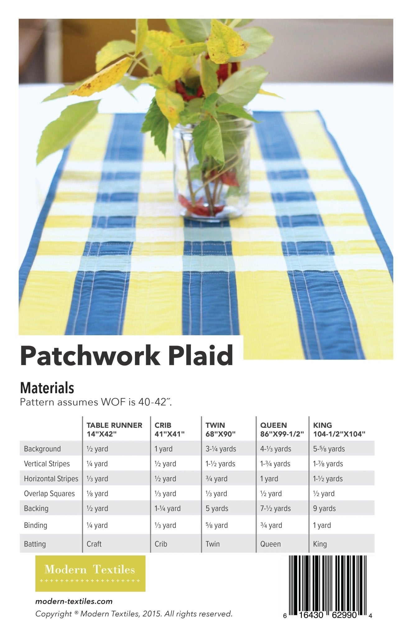 Pattern cover image showing patchwork plaid quilt and size information