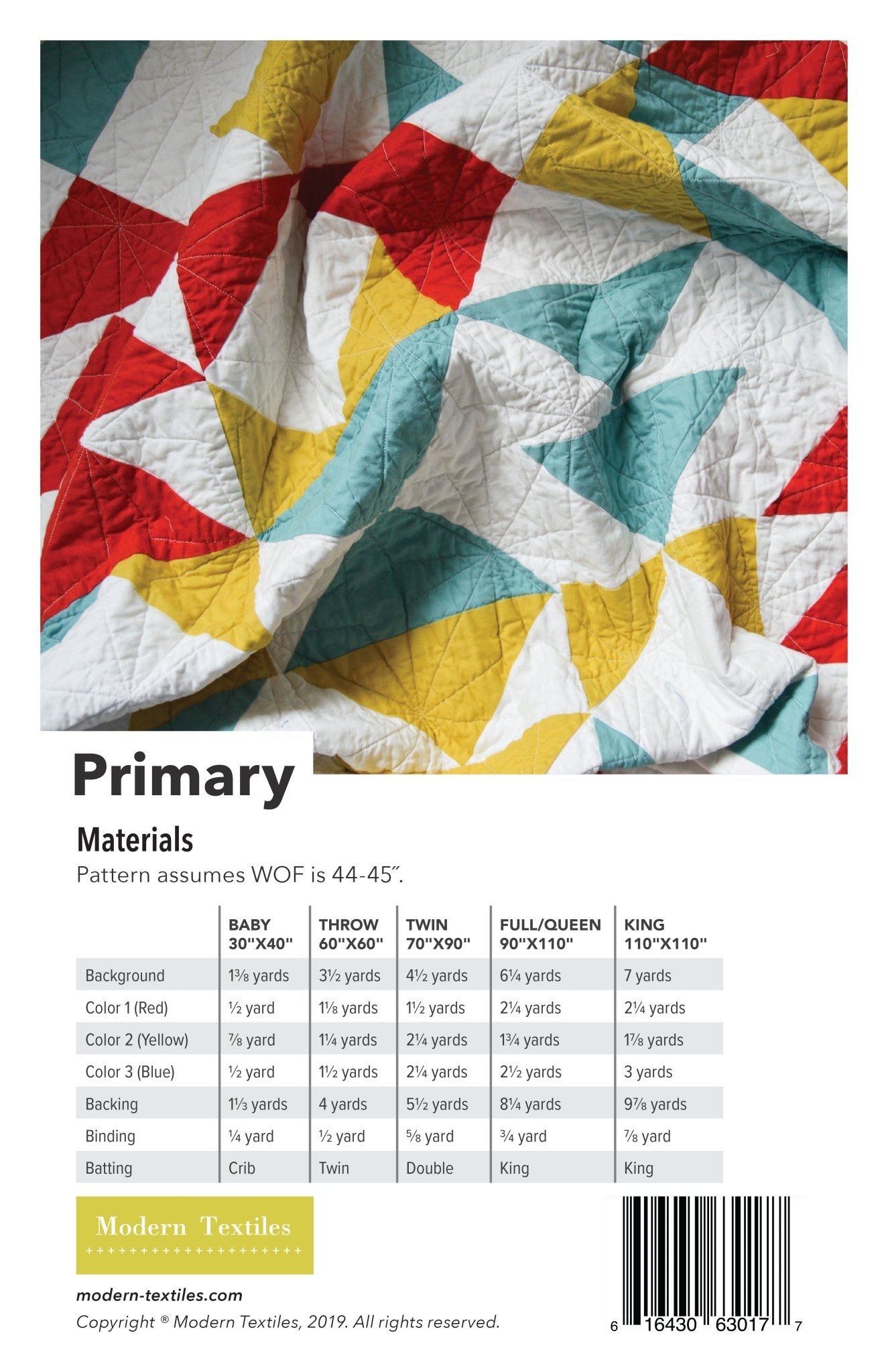 Close-up of Primary quilt fabric showing geometric triangle pattern, with material requirements chart.