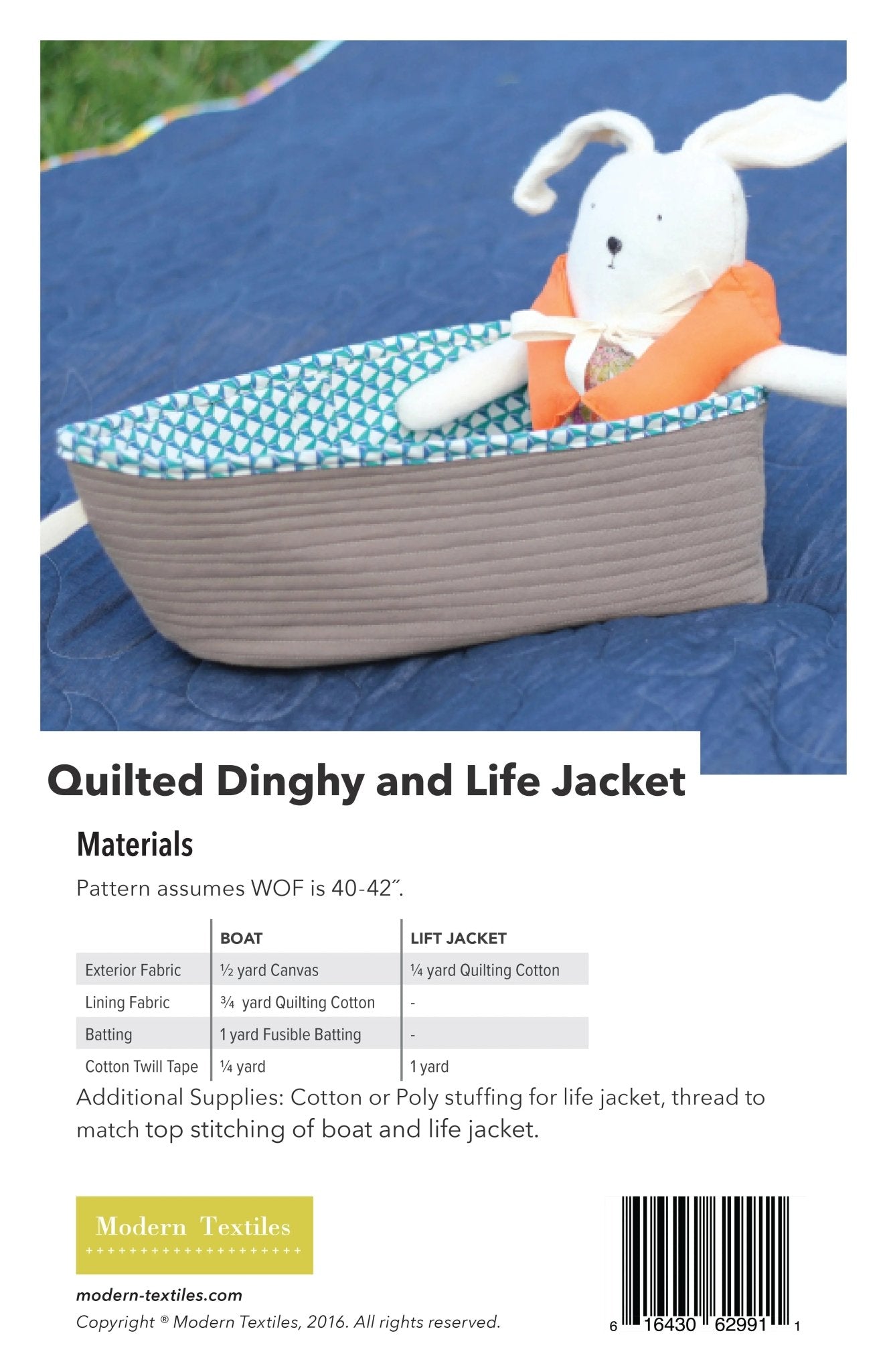 Quilted Dinghy and Life Jacket sewing pattern back cover showing materials list and instructions.