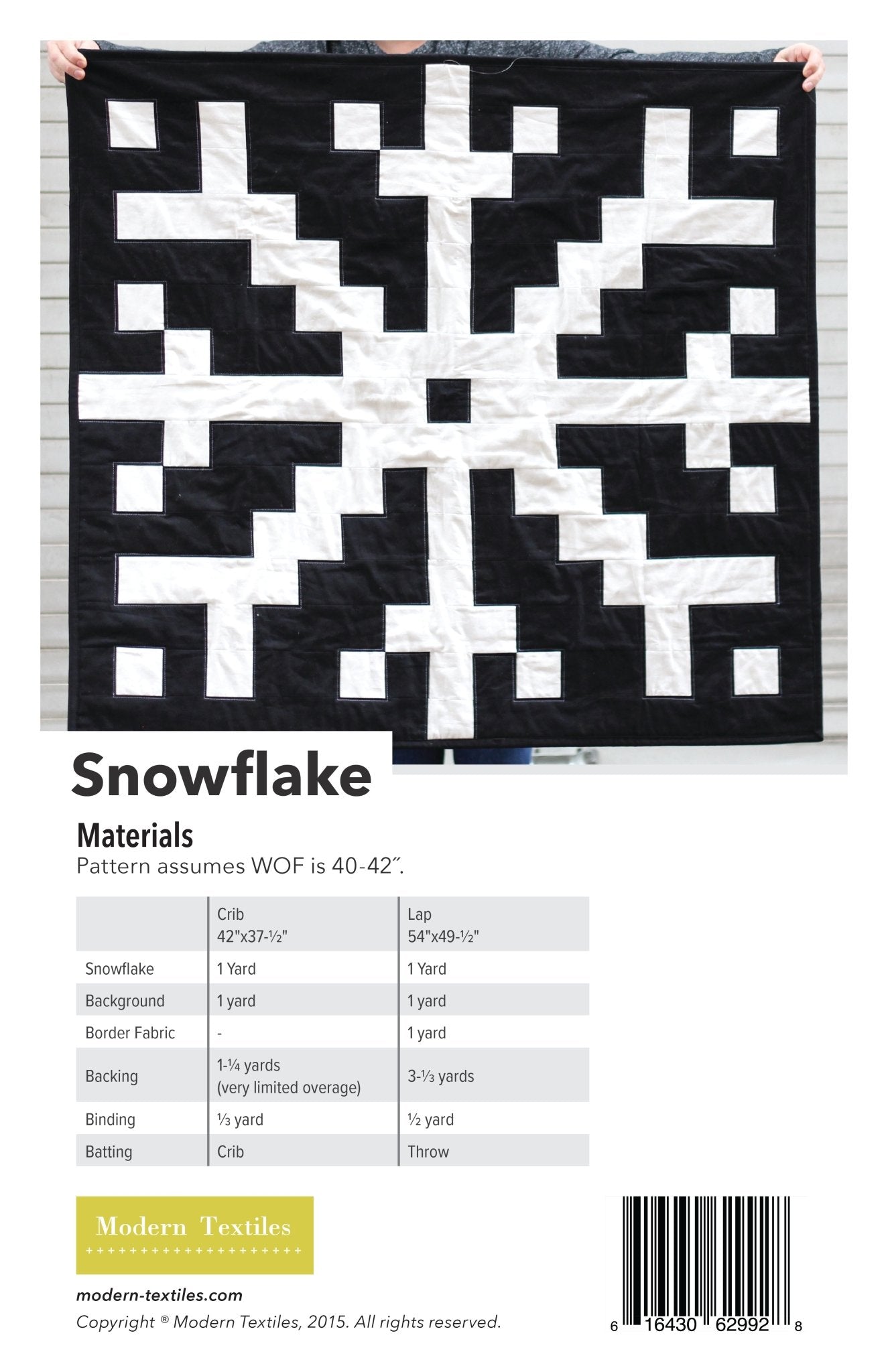 Snowflake quilt pattern materials chart.
