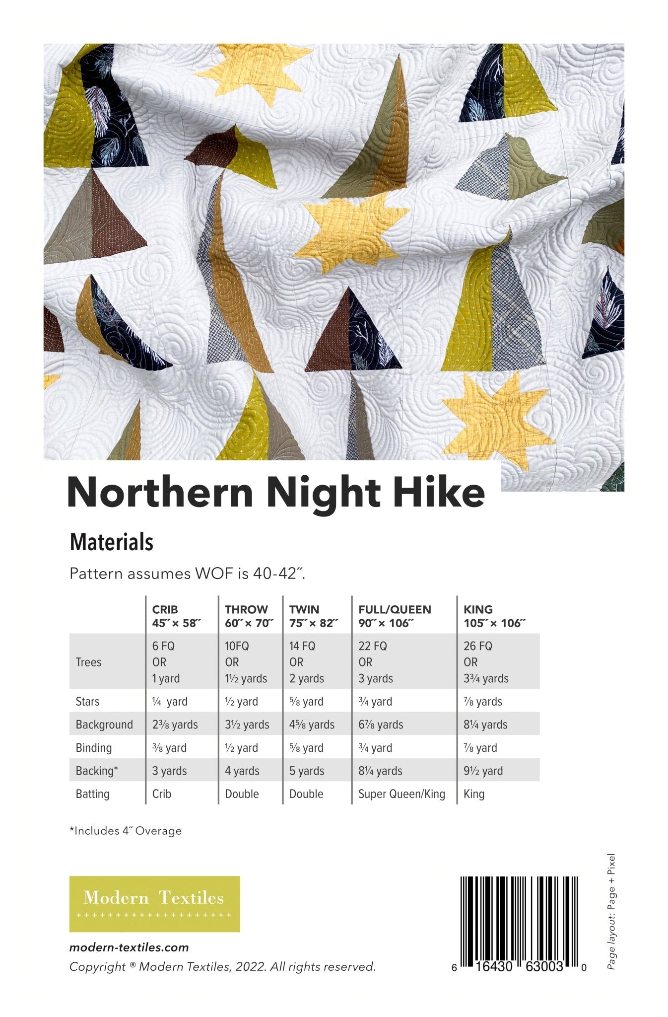 Northern Night Hike quilt pattern cover featuring green tree shapes and yellow stars on a deep blue background.