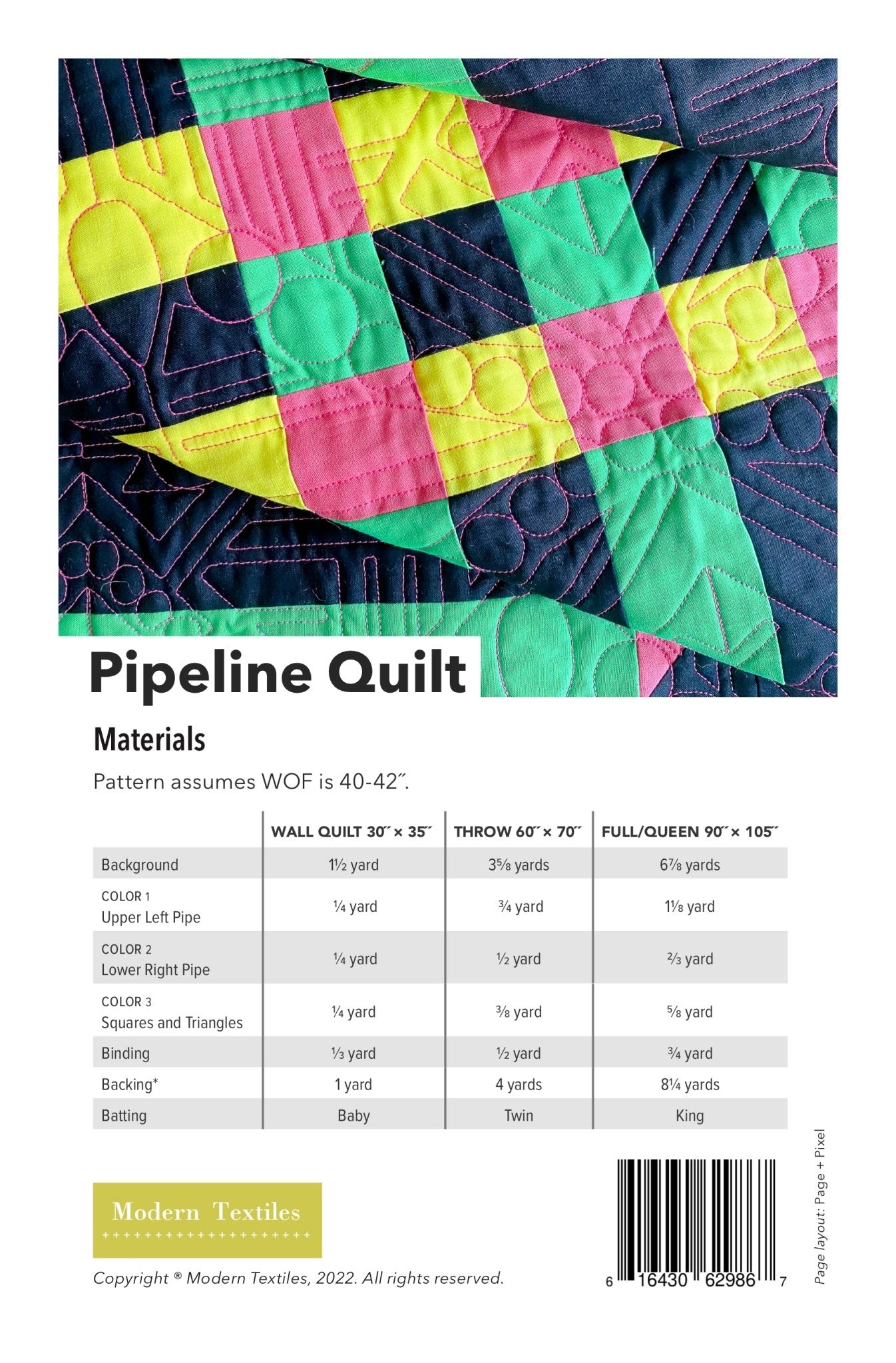 Back cover of the Pipeline Quilt pattern showing fabric requirements, size options, and quilt assembly information.