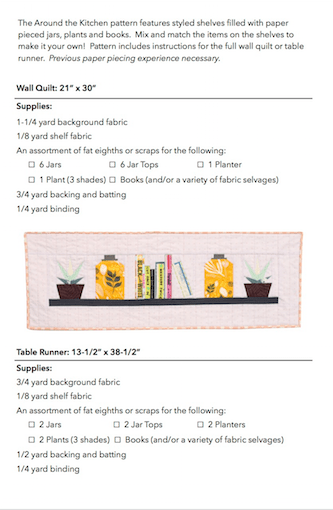Around the Kitchen quilt pattern instruction page with fabric requirements and layout diagram.