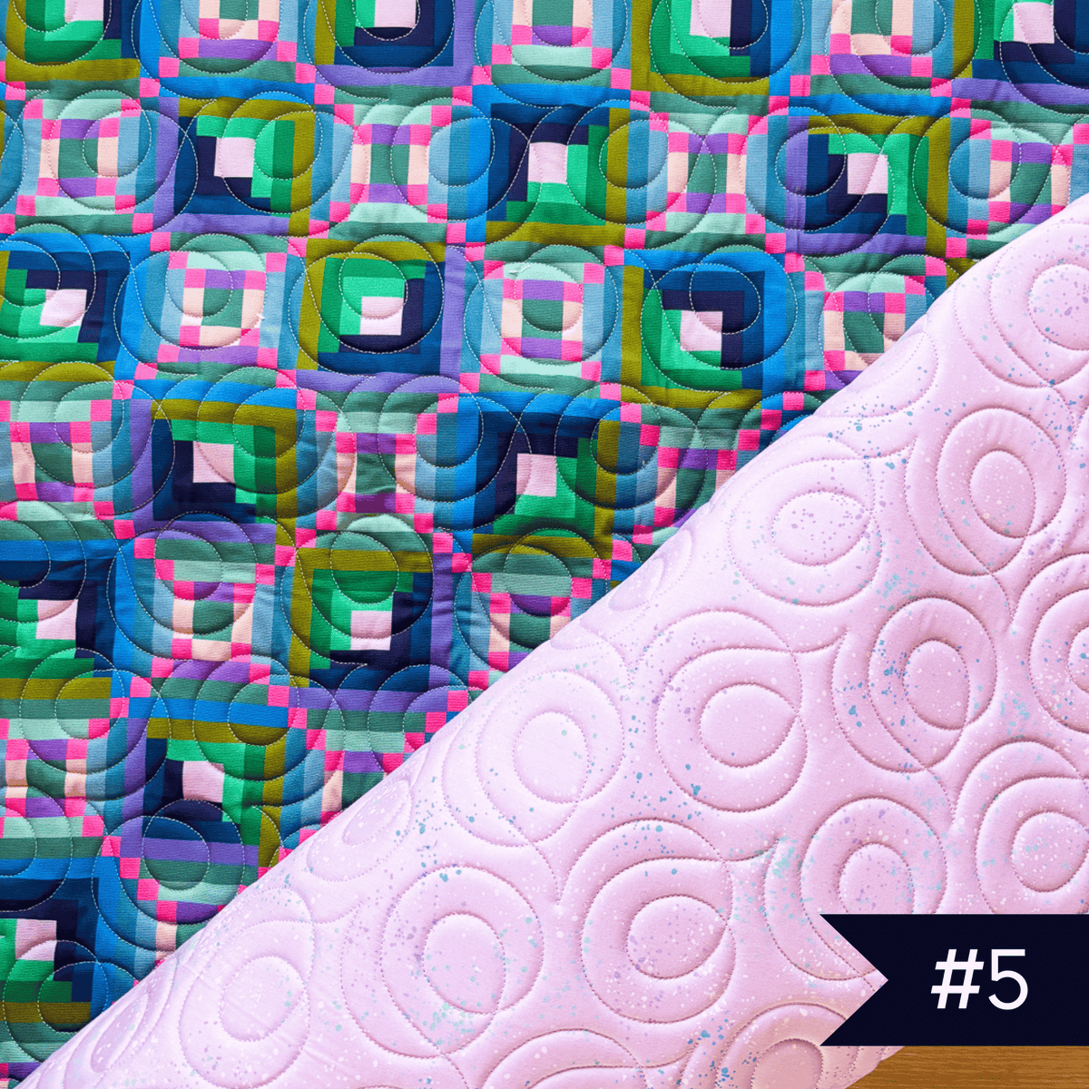 Quilted fabric using Canva and Co fabric with speckled fabric in light purple with soho quilting design. #5 noted in lower right corner.