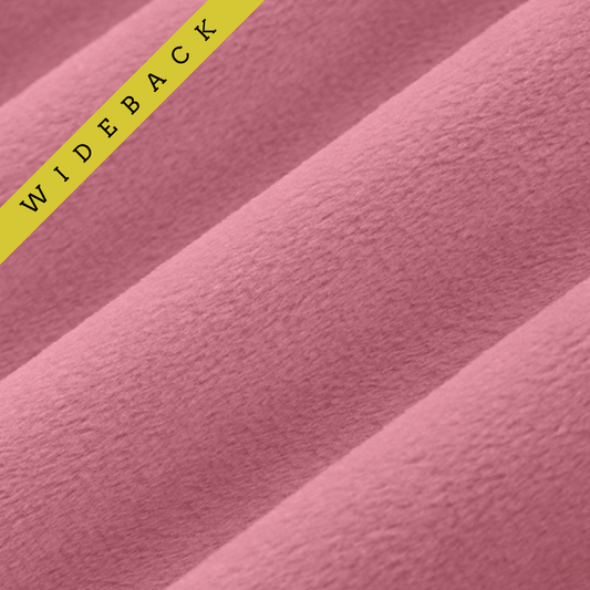 90 Wide minky in deep medium pink color, folded onto itself to show dimension. Text overlay of Wideback in corner.