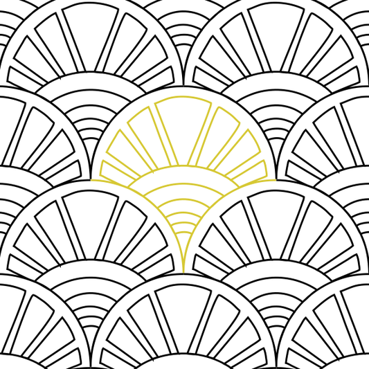 Baptist Sunrise longarm quilting design featuring overlapping fan and arc motifs, displayed in black linework with one gold-highlighted section.