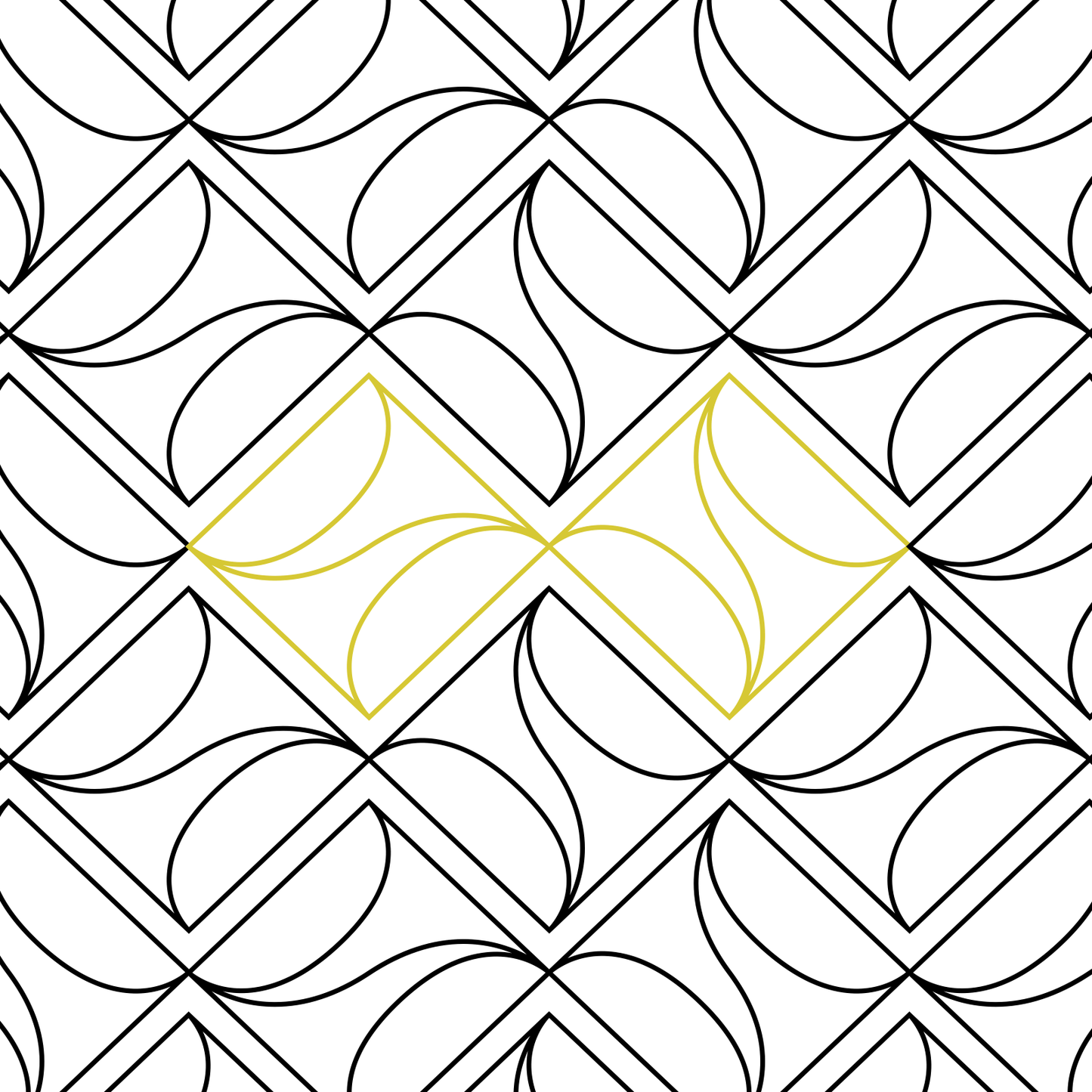 Modern edge-to-edge quilting pantograph with curved geometric design, shown in black and citrine for longarm quilting.