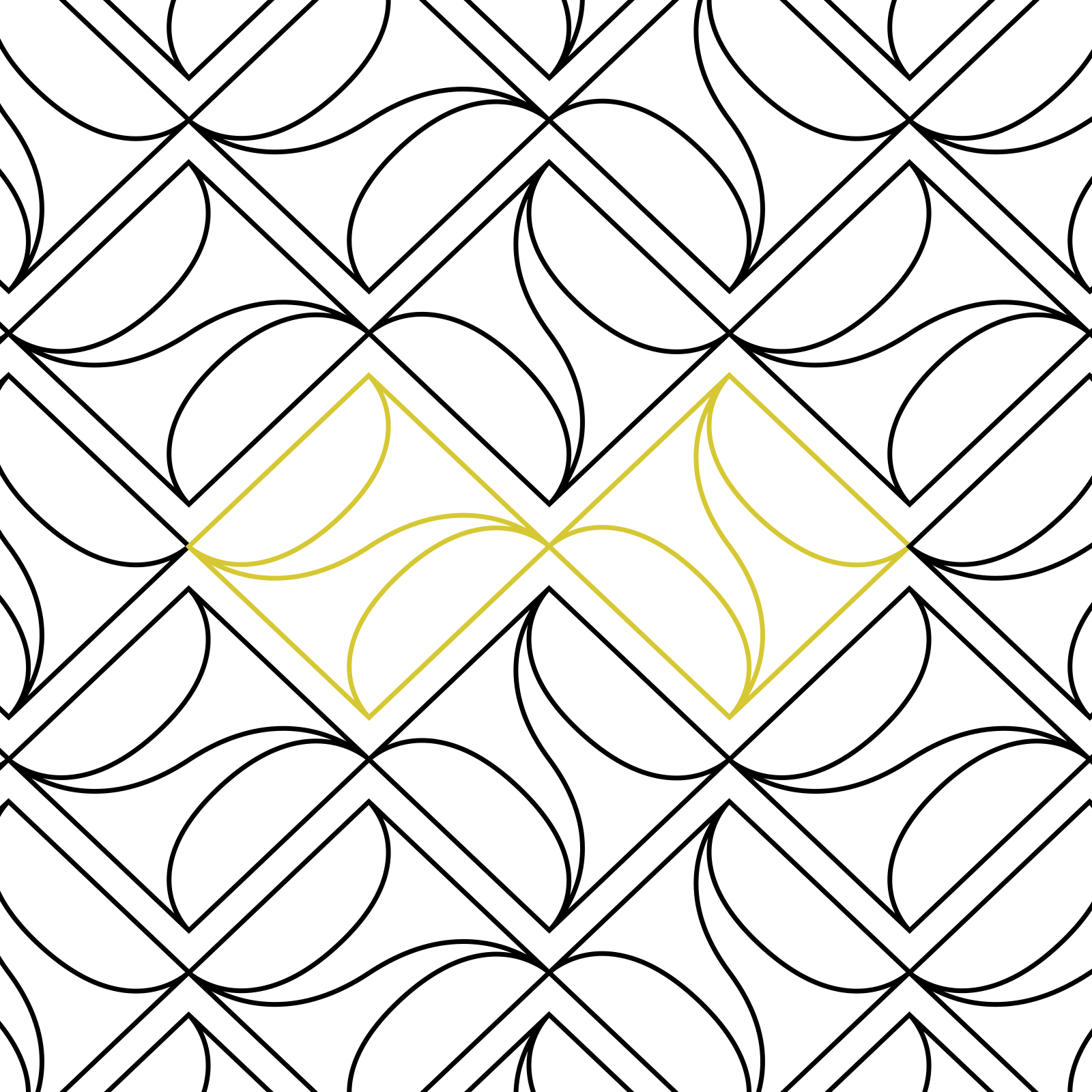 Modern edge-to-edge quilting pantograph with curved geometric design, shown in black and citrine for longarm quilting.