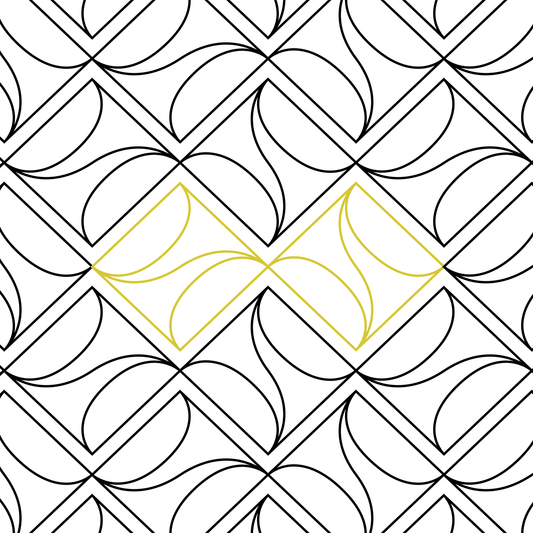 Modern edge-to-edge quilting pantograph with curved geometric design, shown in black and citrine for longarm quilting.