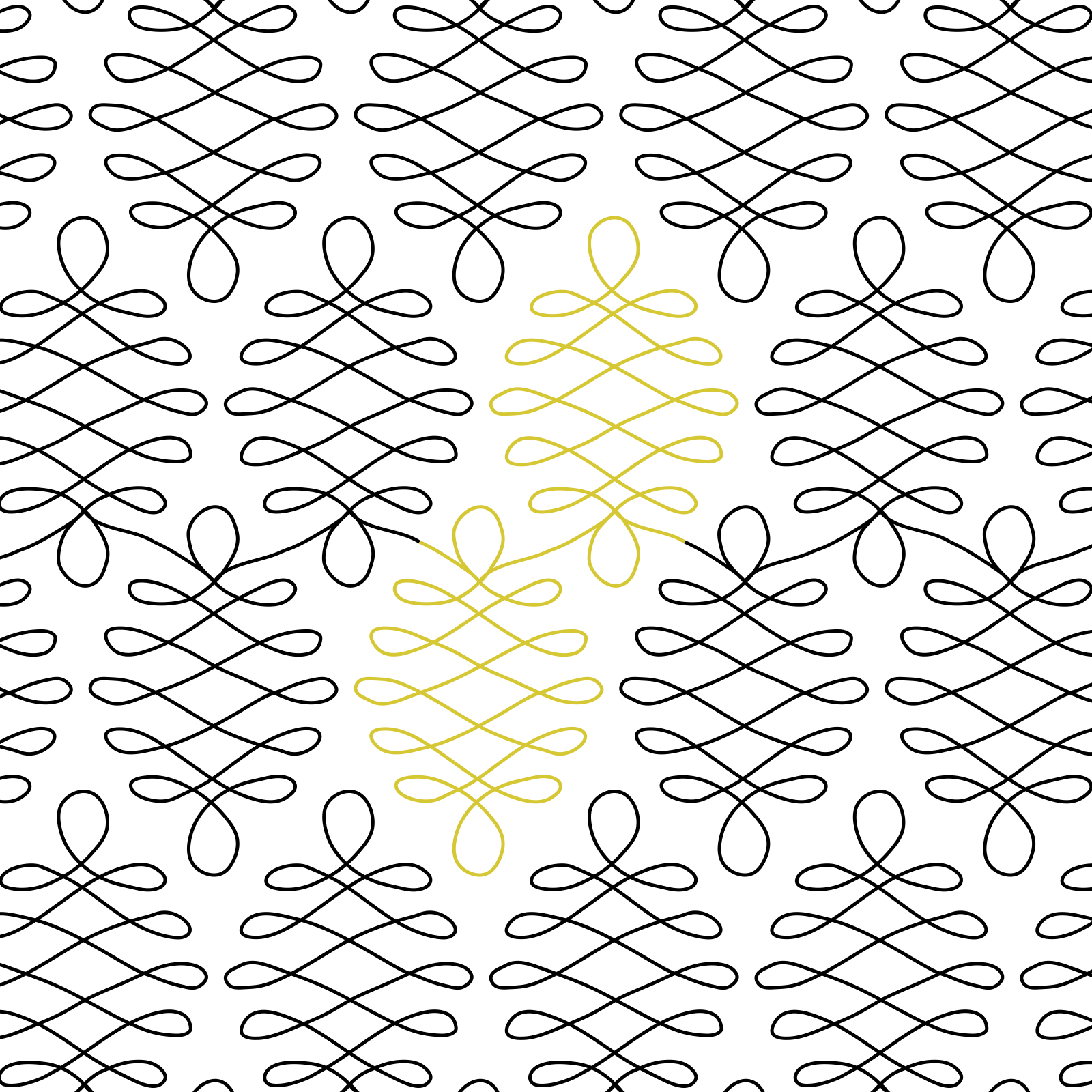 Blender longarm quilting design with continuous looped linework forming a repeating abstract pattern, shown in black with gold accent motifs.