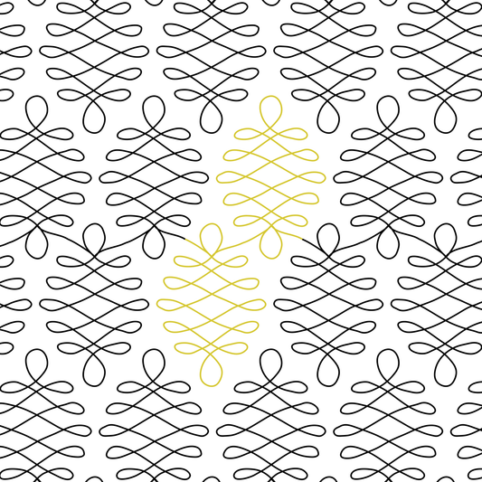 Blender longarm quilting design with continuous looped linework forming a repeating abstract pattern, shown in black with gold accent motifs.