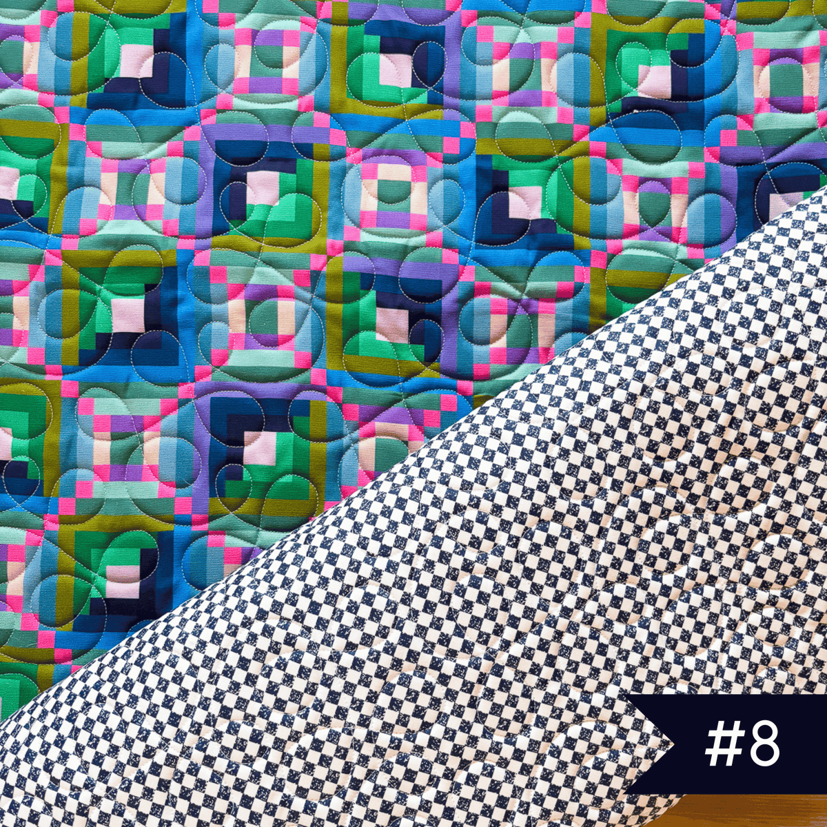 Quilted fabric using Canva and Co fabric with Checkmate fabric in navy and white with cakewalk quilting design. #8 noted in lower right corner.