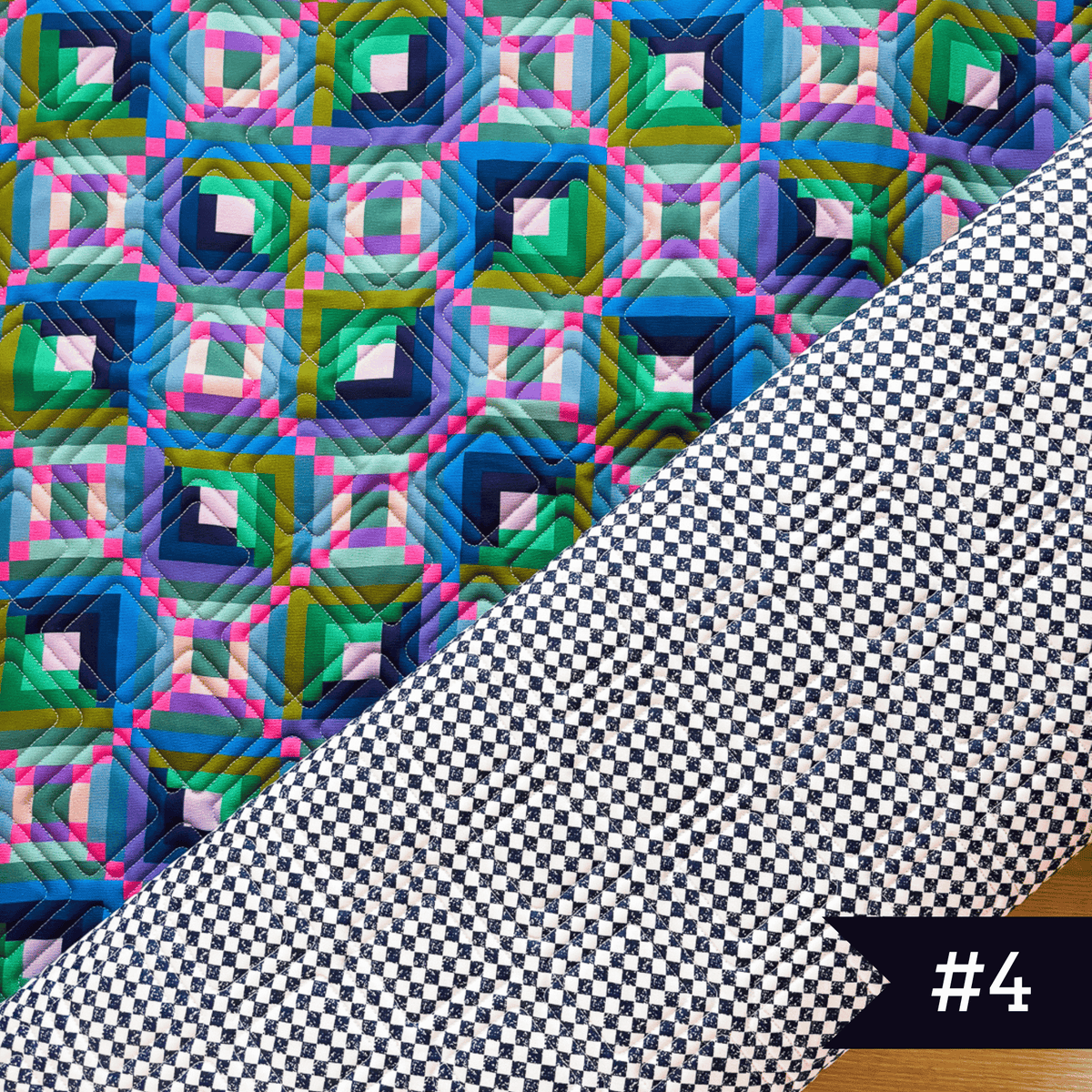 Quilted fabric using Canva and Co fabric with Checkmate fabric in navy and white with diagonal plaid bias cut quilting design. #4 noted in lower right corner.