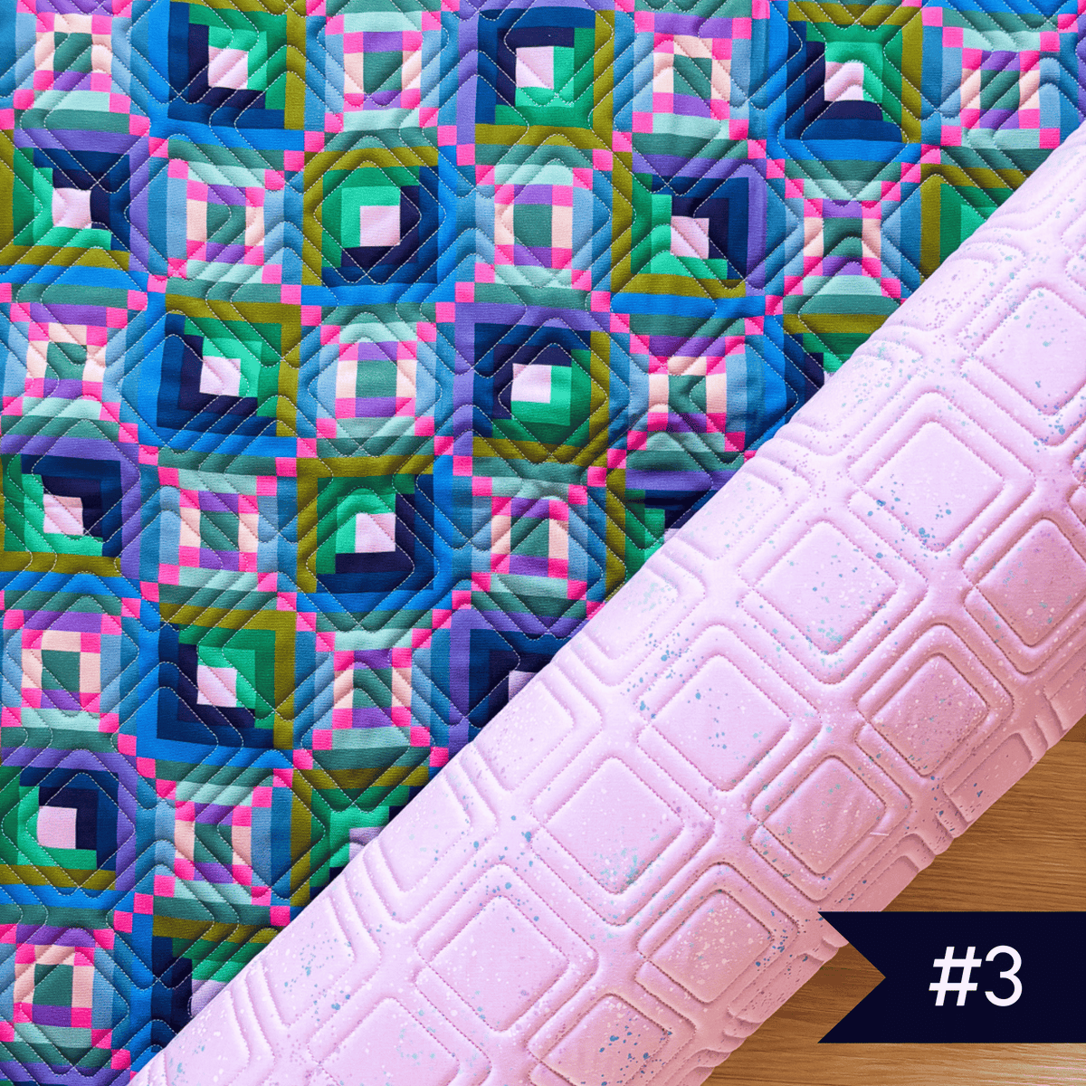 Quilted fabric using Canva and Co fabric with speckled fabric in light purple with diagonal plaid bias cut quilting design. # noted in lower right corner.