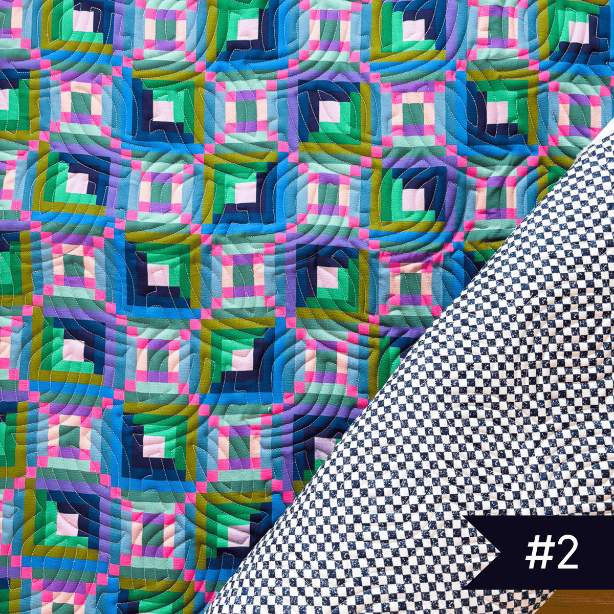 Quilted fabric using Canva and Co fabric with Checkmate fabric in navy and white with echoed curves quilting design. #2 noted in lower right corner.