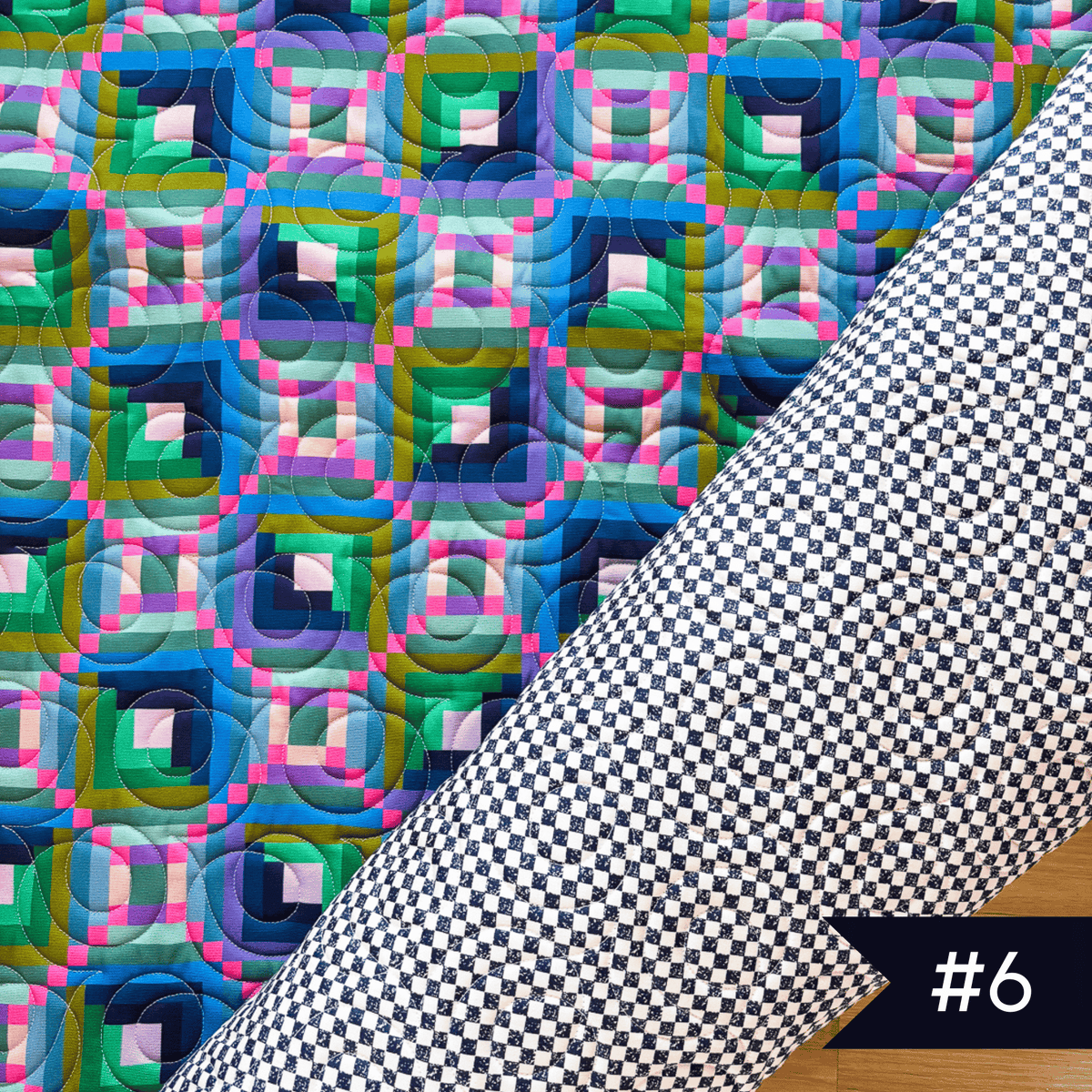Quilted fabric using Canva and Co fabric with Checkmate fabric in navy and white with soho quilting design. #6 noted in lower right corner.