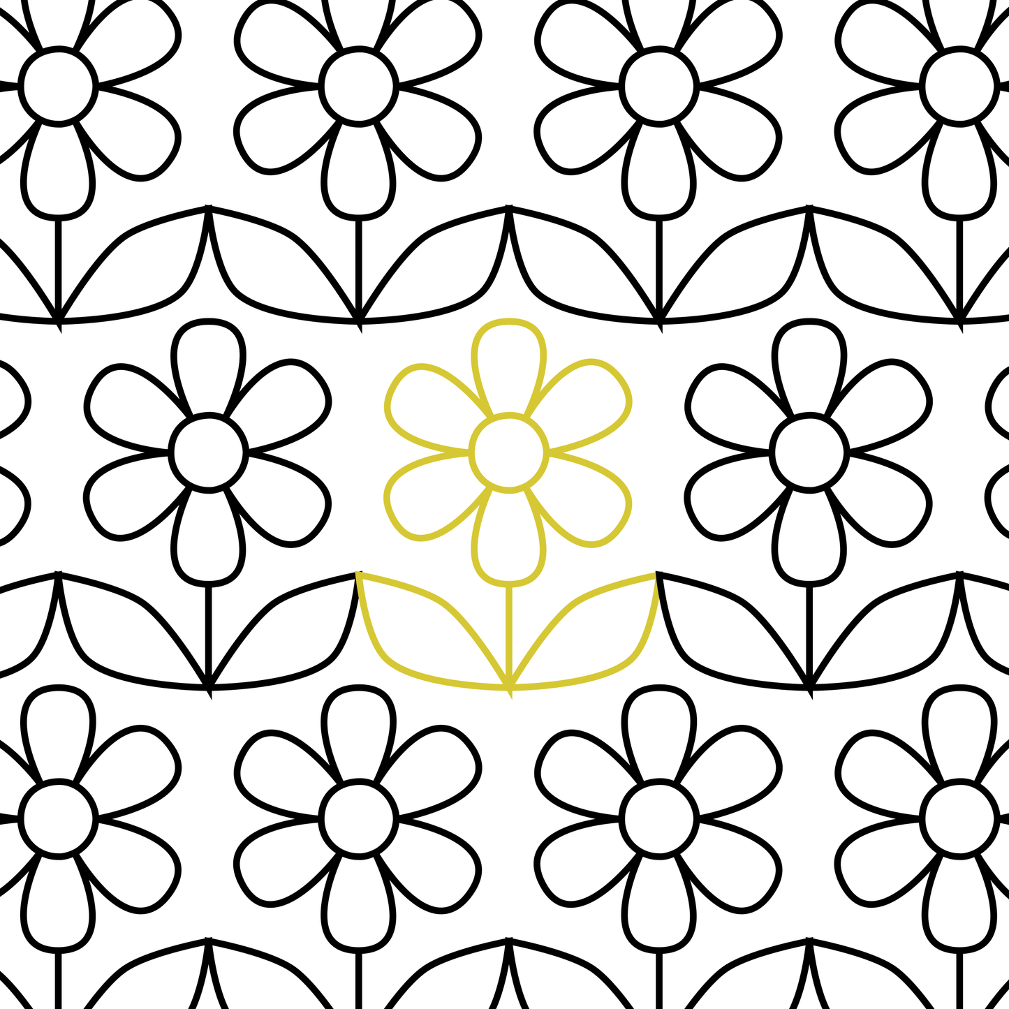 Line drawing of black daisies and leaves with repeated on white background. Center flower is green-yellow.