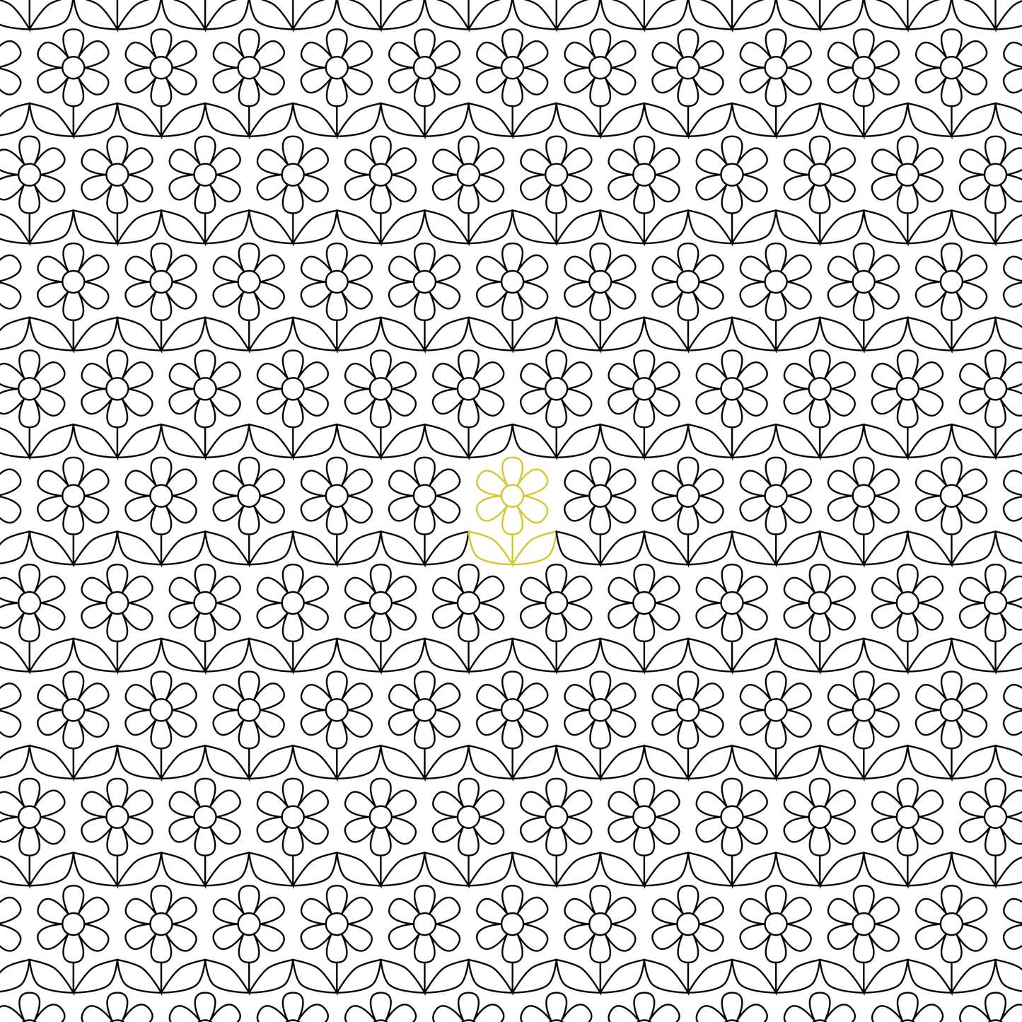 Small scale line drawing of black daisies and leaves with repeated on white background. Center flower is green-yellow.