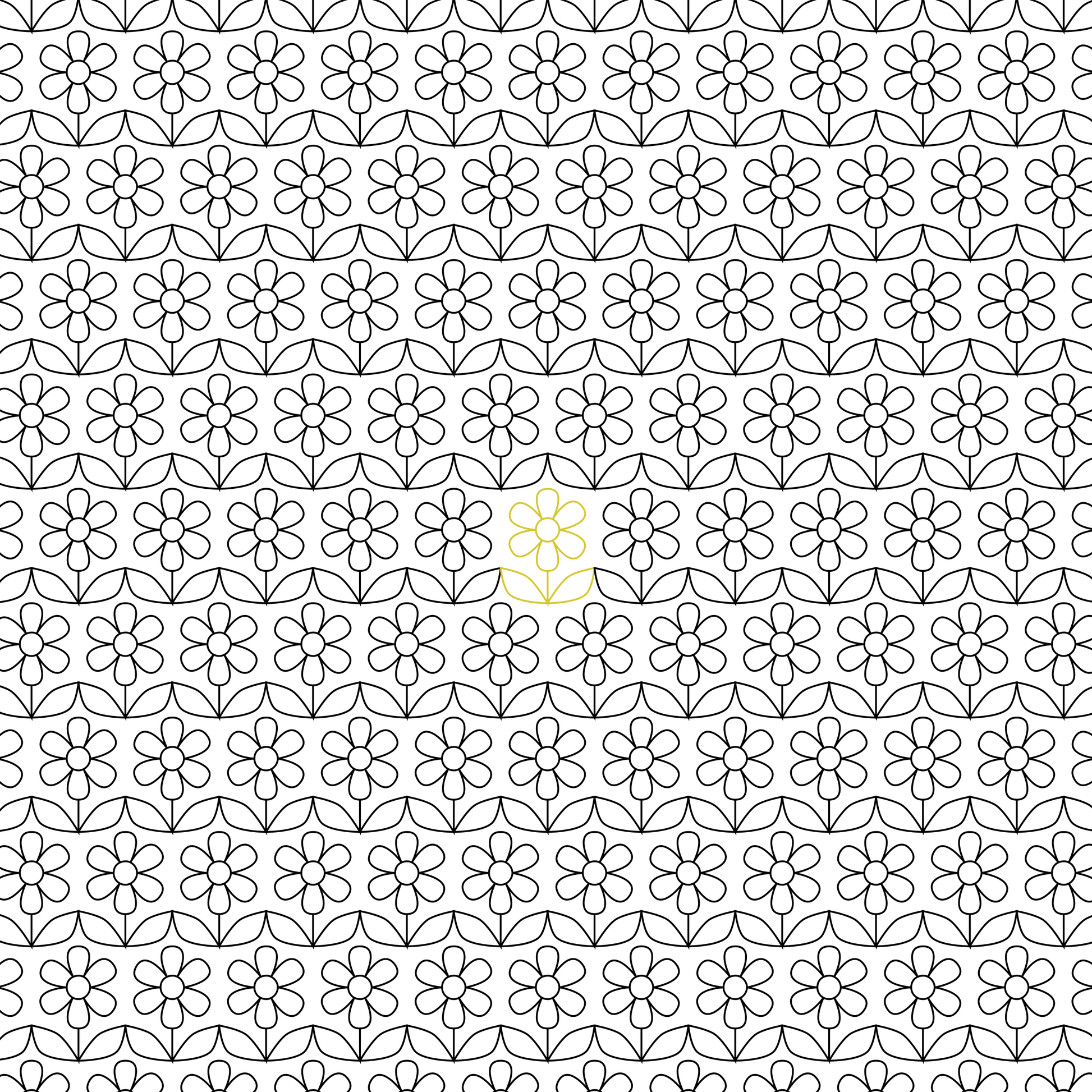 Small scale line drawing of black daisies and leaves with repeated on white background. Center flower is green-yellow.