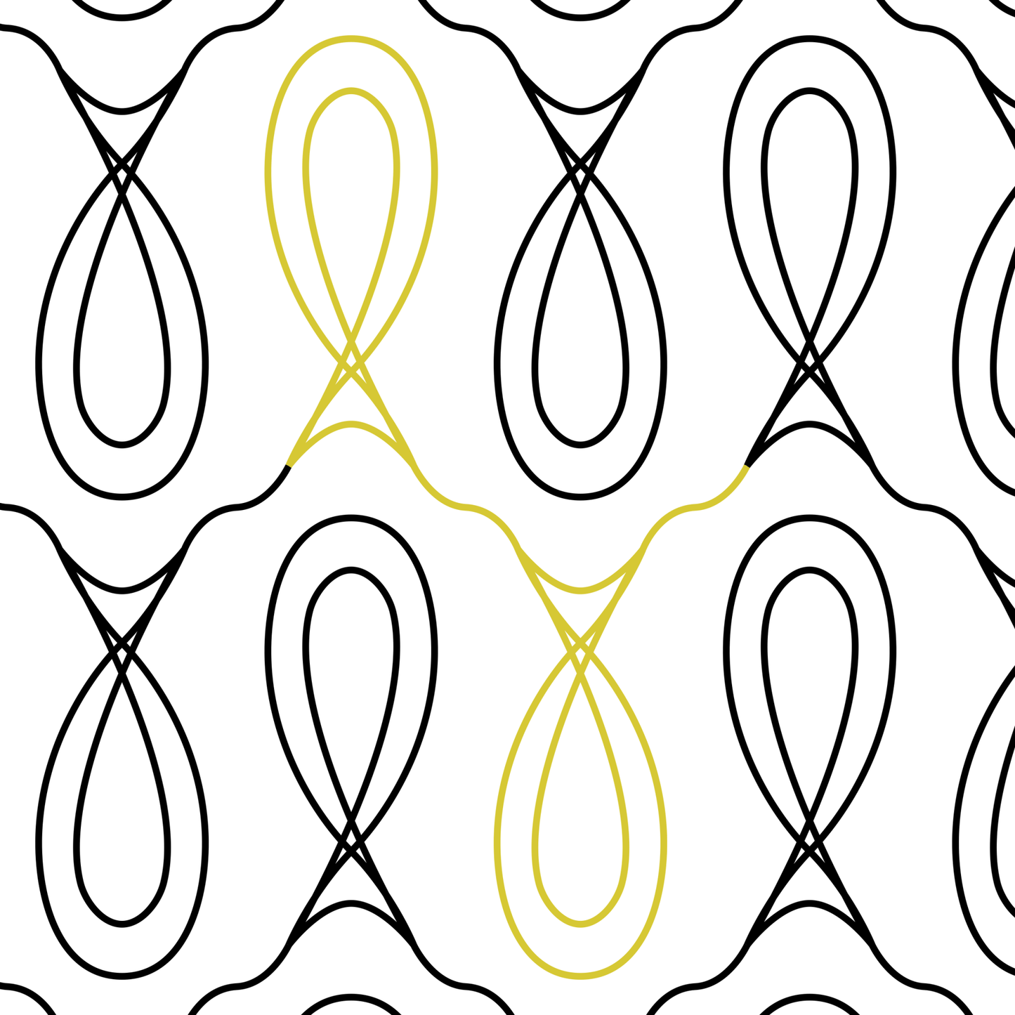 Black line drawing on white background with a single repeat of outline of a oval shape that looks like a lightbulb in green.