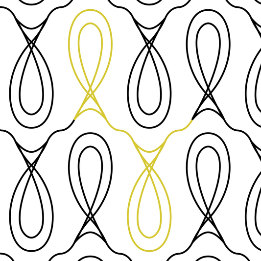 Black line drawing on white background with a single repeat of outline of a oval shape that looks like a lightbulb in green.