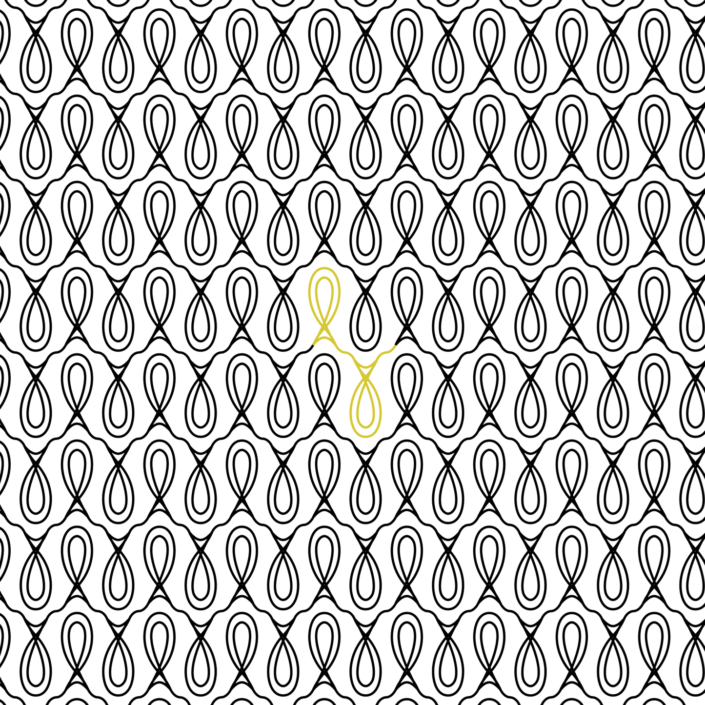 Many repeats of line drawing on white with a single repeat of outline of a oval shape that looks like a lightbulb in green.