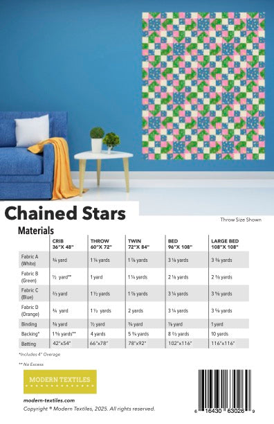Back cover of a Chained Stars quilt pattern booklet showing a colorful chined star quilt design on a blue wall, a sofa with a yellow throw, and a materials table for fabric and binding quantities.