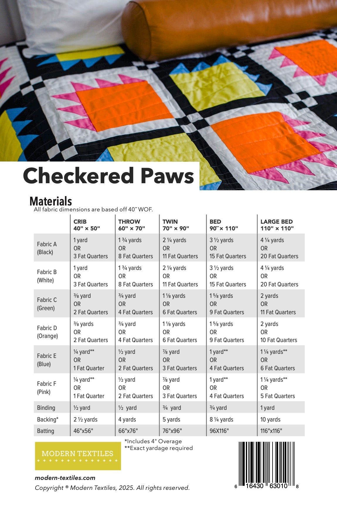 Quilt pattern with 'Checkered Paws' design and fabric requirements chart.