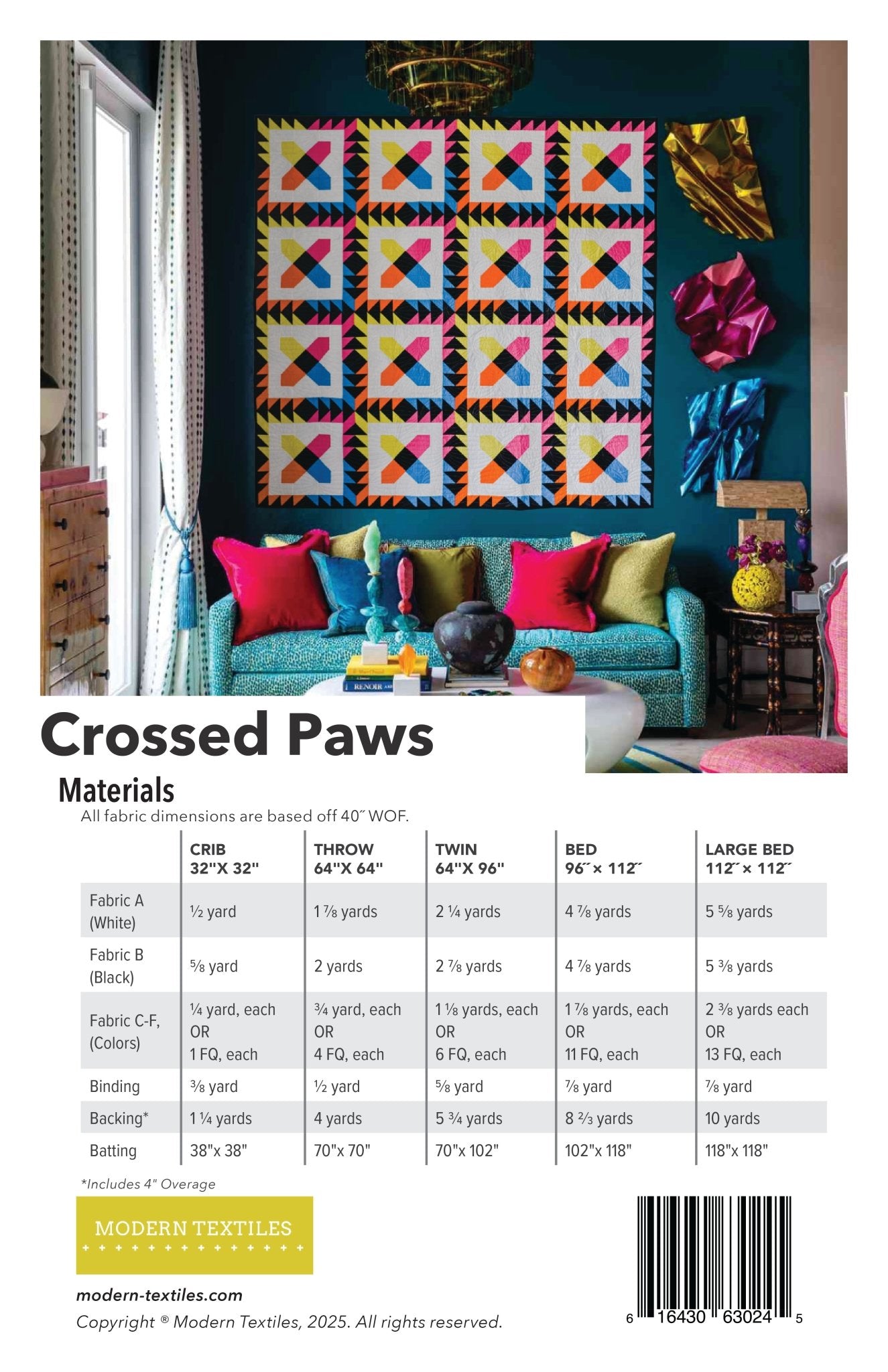 Back Cover of Crossed Paws pattern showing fabric and material requirements.