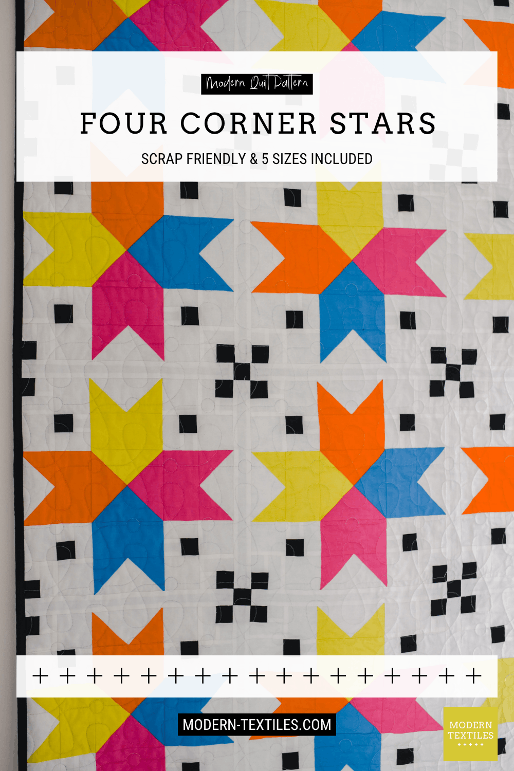 Quilt pattern titled 'Four Corner Stars' with colorful star design on a white background with black checkered accent blocks.