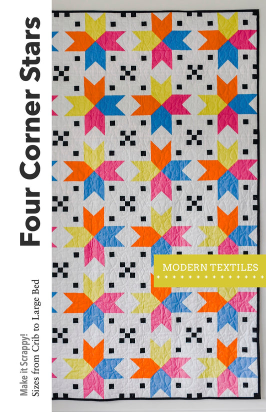 Colorful quilt pattern with 'Four Corner Stars' title on a white background and Modern Textiles branding.