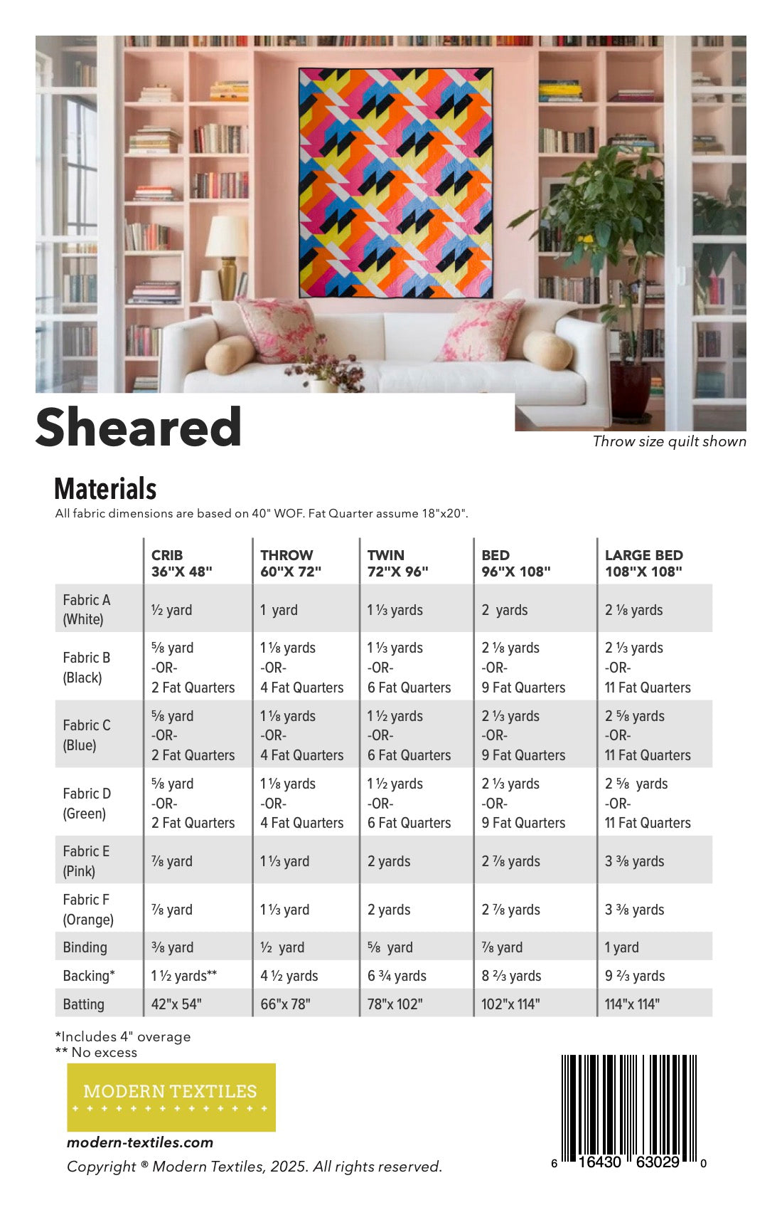 Back Cover of the Sheared modern quilt pattern by Modern Textiles featuring fabric requirements