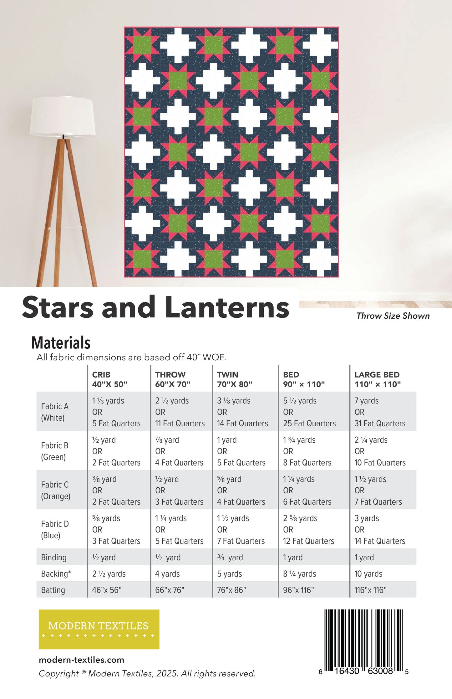 Patterned back cover with Stars and Lanterns design on a white wall with lamp to left side. Quilt features navy background fabric, white, apple green and hot pink accent fabrics. Material requirements listed in image.