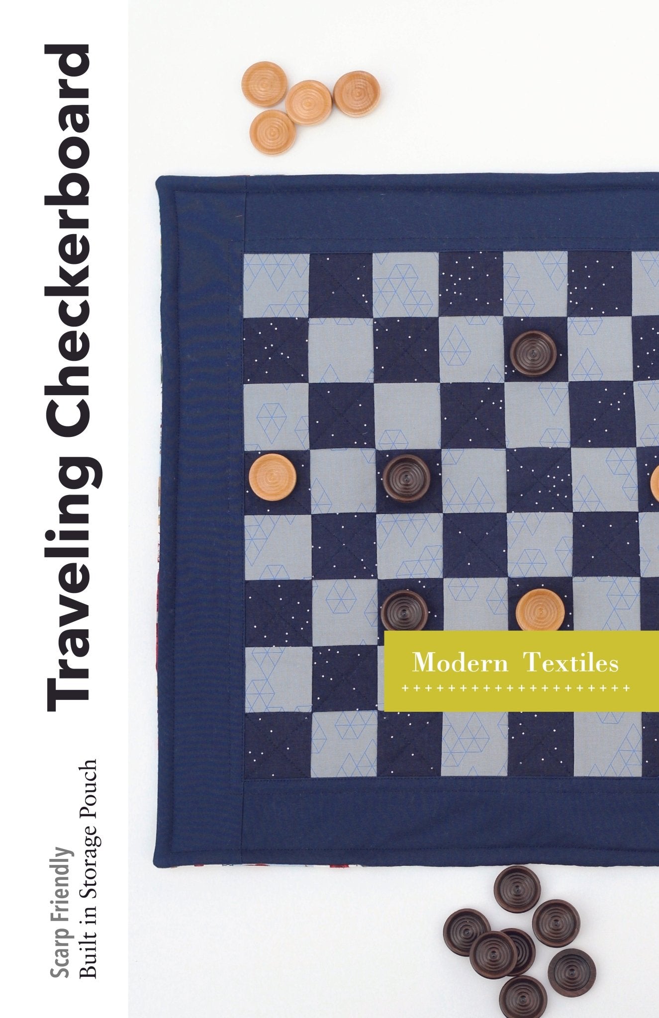 Modern Textiles Traveling Checkerboard sewing pattern cover featuring a quilted blue checkerboard mat with game pieces.