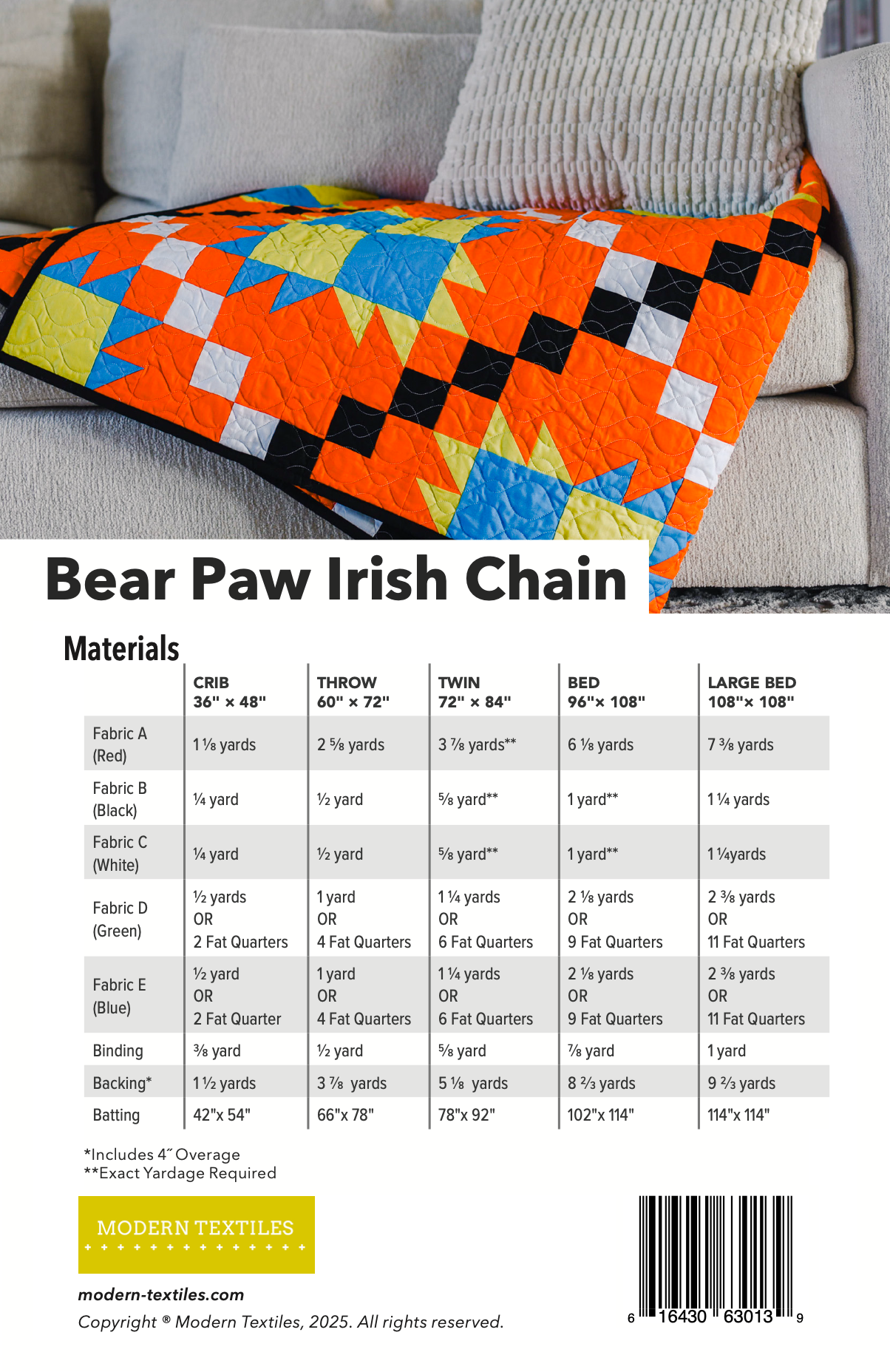 Bear Paw Irish Chain Quilt Back Cover with orange, black, white, blue and lime green patchwork in the quilt folded and laying on neutral colored quilt. Fabric requirements listed.