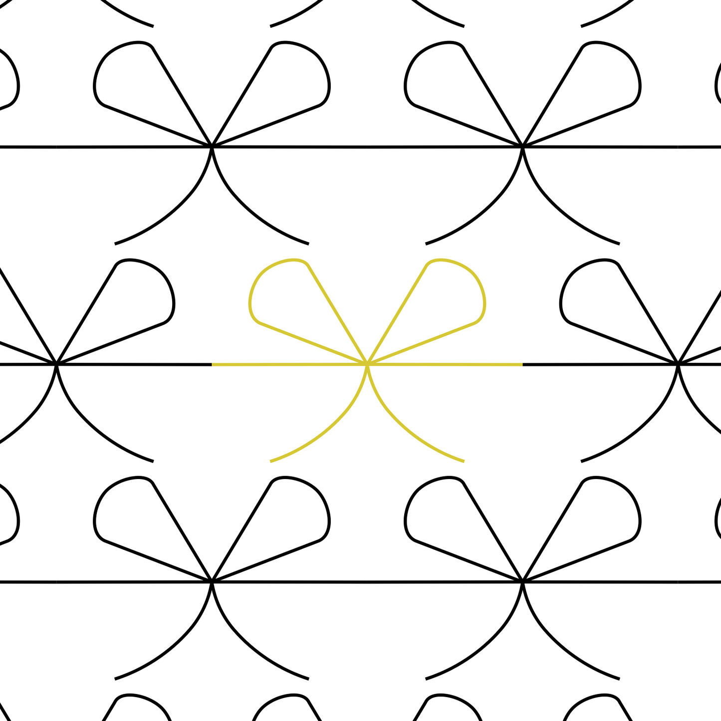 Repeating bow-shaped longarm quilting design with an offset layout, shown in black linework with one green accent motif.