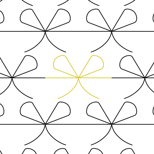 Repeating bow-shaped longarm quilting design with an offset layout, shown in black linework with one gold accent motif.