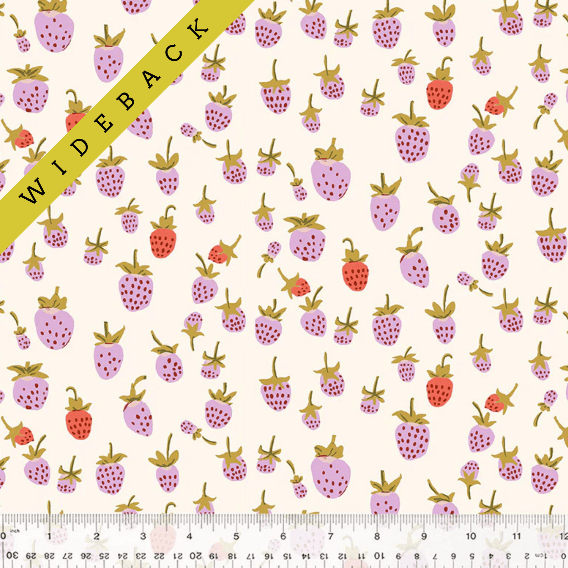 Lilac Color strawberries with sporadic red ones and stems printed on off white background.