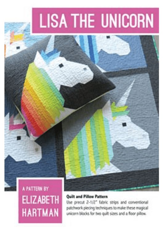 Lisa the Unicorn quilt pattern cover, showing unicorn pillow on top of unicorn quilt both with grey and bright colored fabric